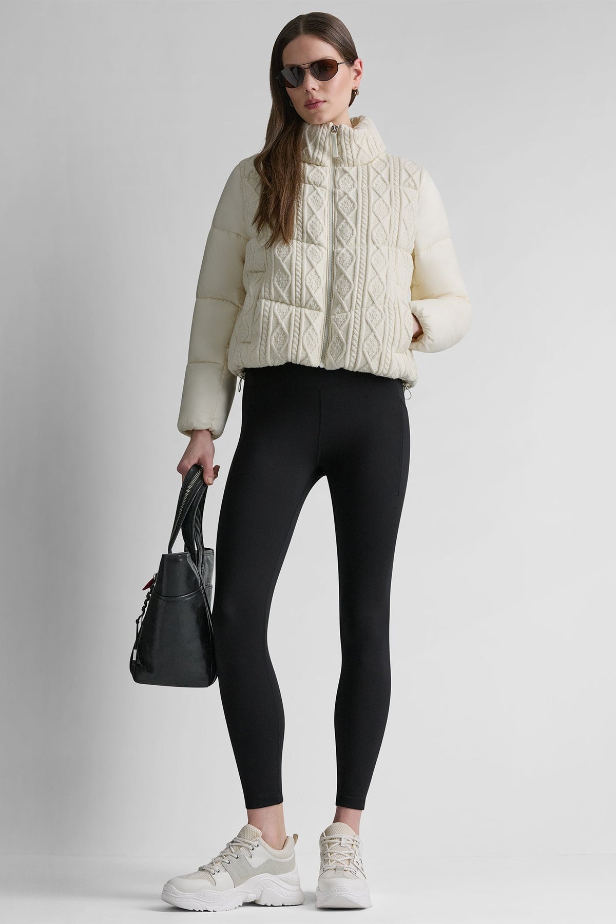 CABLE KNIT MOCK NECK PUFFER JACKET Eggnog | DKNY