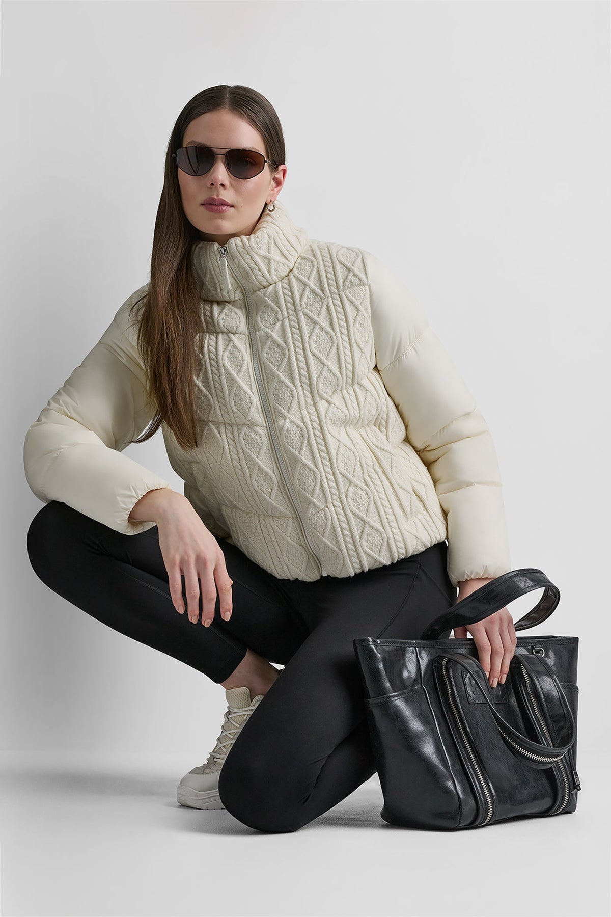 CABLE KNIT MOCK NECK PUFFER JACKET Eggnog | DKNY