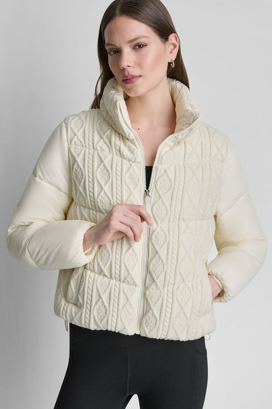 CABLE KNIT MOCK NECK PUFFER JACKET Eggnog | DKNY