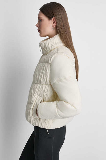 CABLE KNIT MOCK NECK PUFFER JACKET Eggnog | DKNY