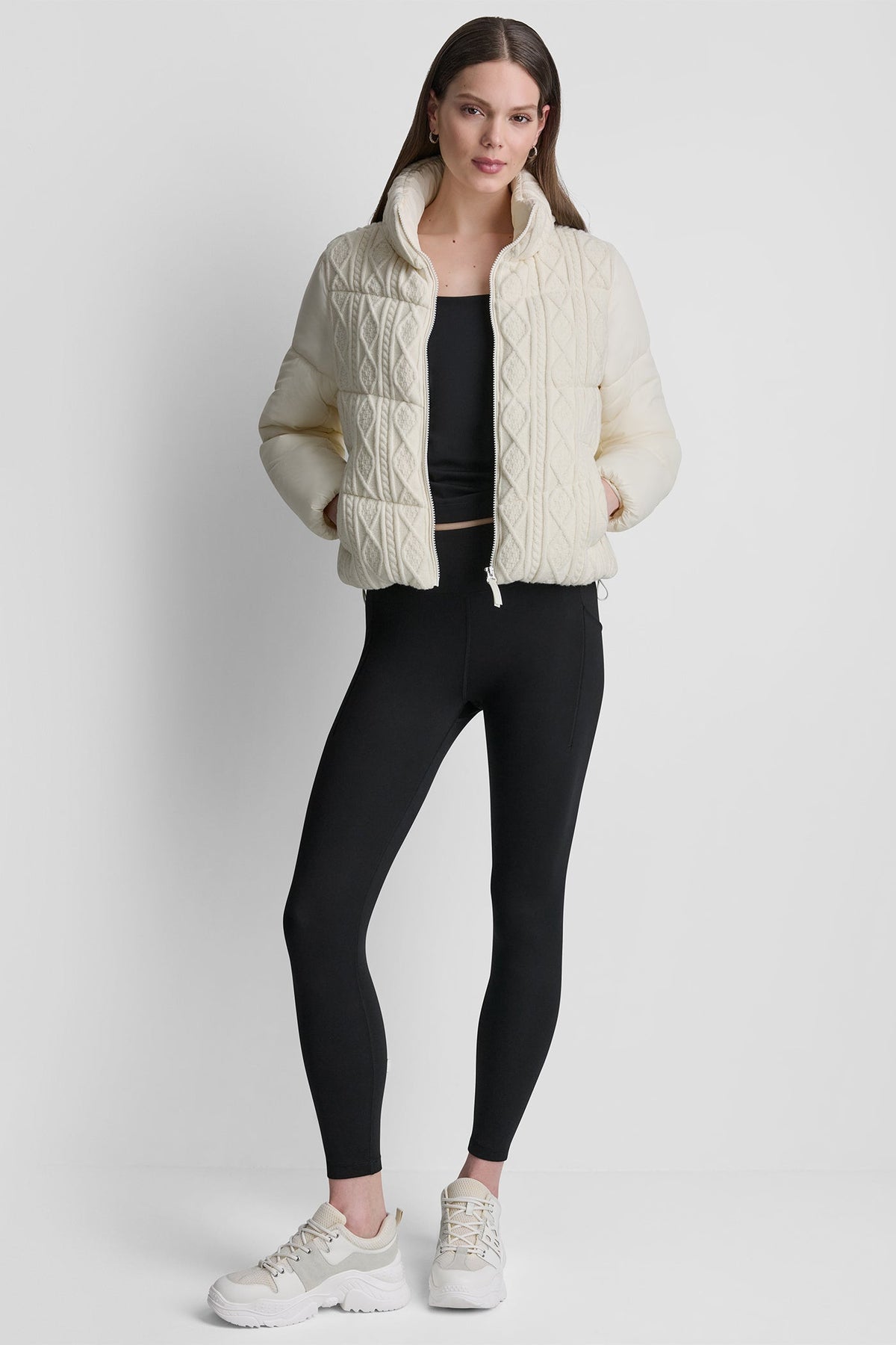 CABLE KNIT MOCK NECK PUFFER JACKET Eggnog | DKNY