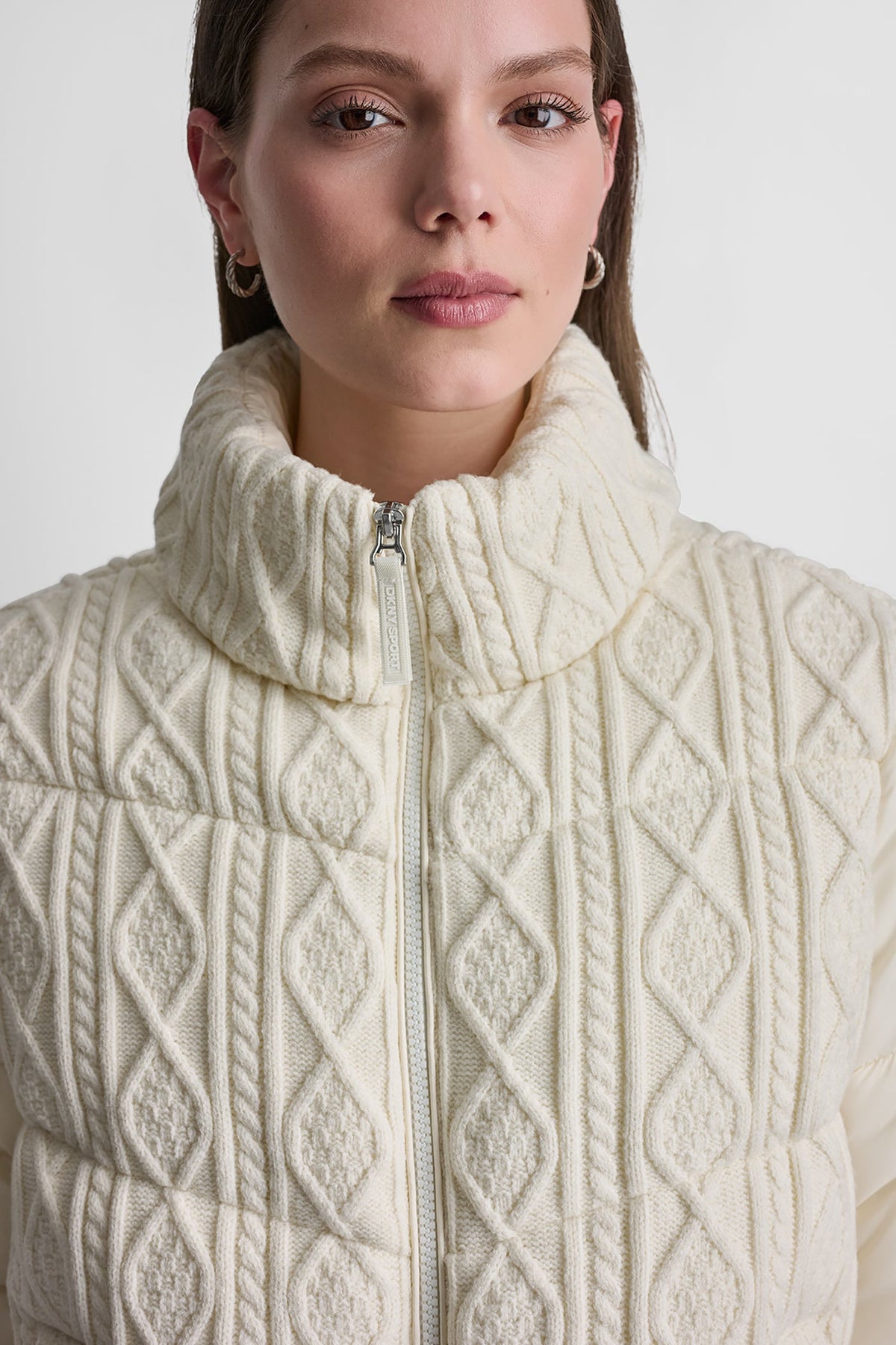 CABLE KNIT MOCK NECK PUFFER JACKET Eggnog | DKNY