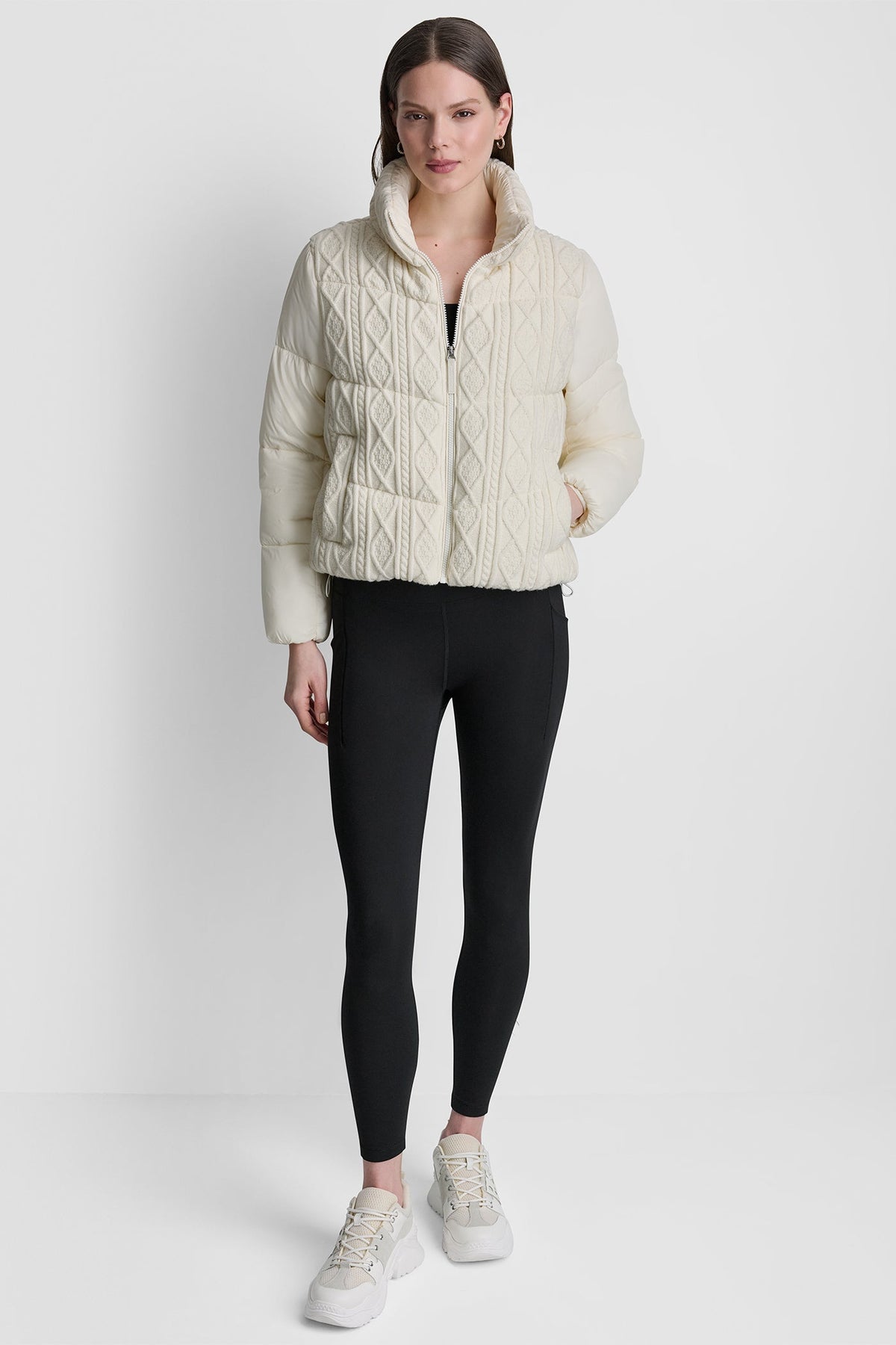 CABLE KNIT MOCK NECK PUFFER JACKET Eggnog | DKNY