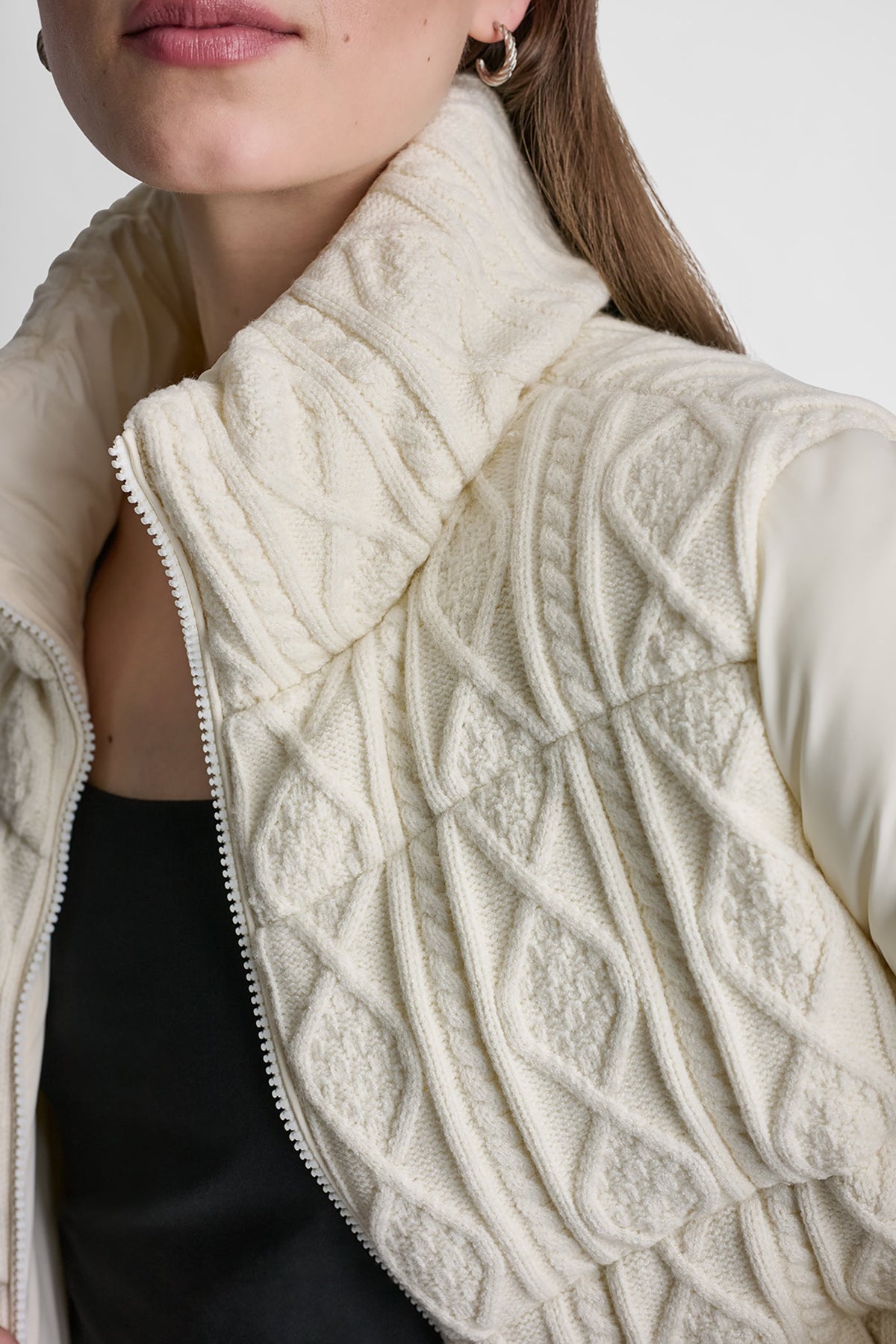 CABLE KNIT MOCK NECK PUFFER JACKET Eggnog | DKNY