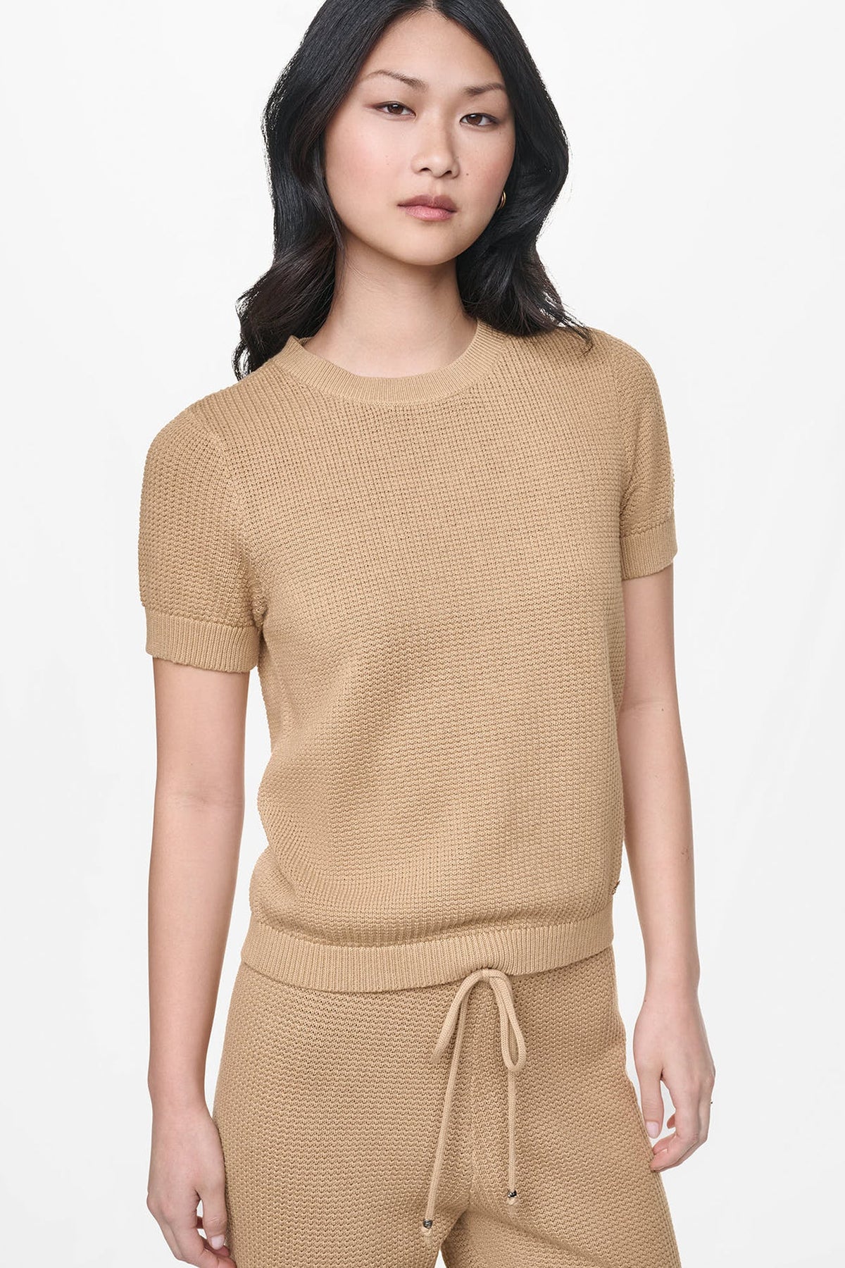 SHORT SLEEVE TUCK STITCH SWEATER Travertine | DKNY