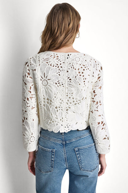 FLORAL CROCHET CARDIGAN WITH SCALLOP HEM Travertine | DKNY