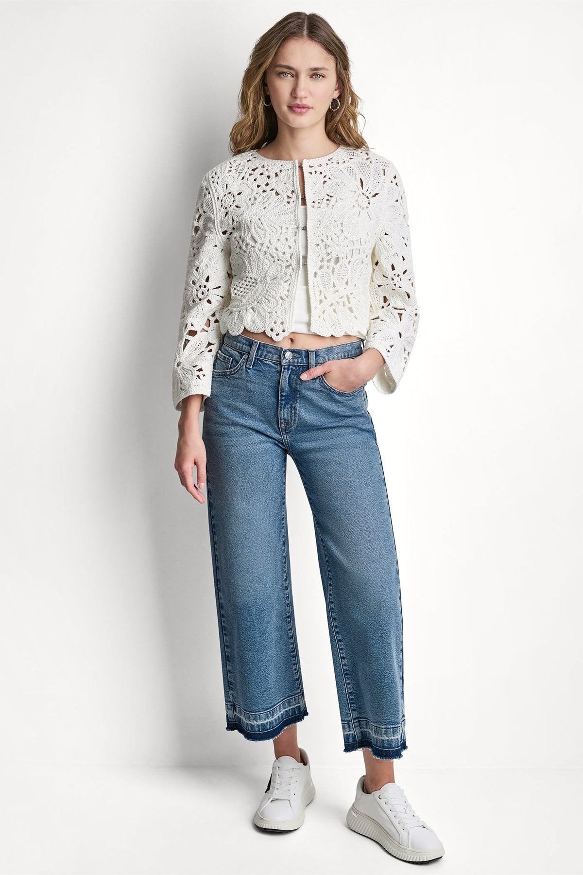 FLORAL CROCHET CARDIGAN WITH SCALLOP HEM Travertine | DKNY