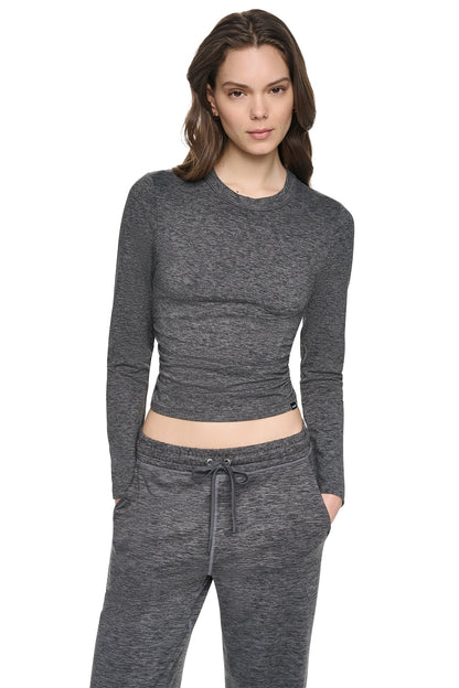 LONG SLEEVE SPACEDYE RUCHED TOP Claret Spacedye | DKNY