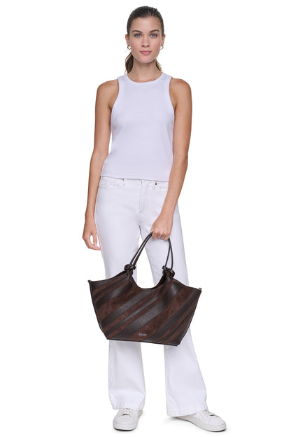 PAULA MEDIUM STRIPED COMMUTER TOTE Black/Silver | DKNY
