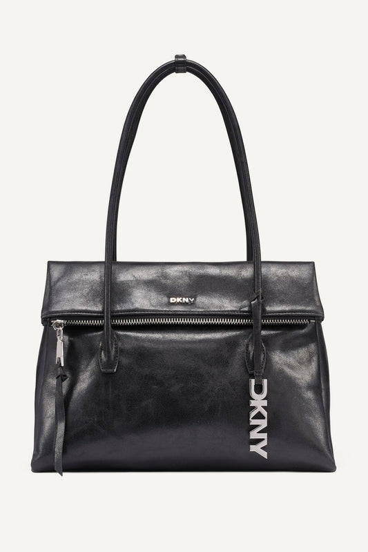 RIVINGTON LARGE LOGO SATCHEL Black/Silver | DKNY