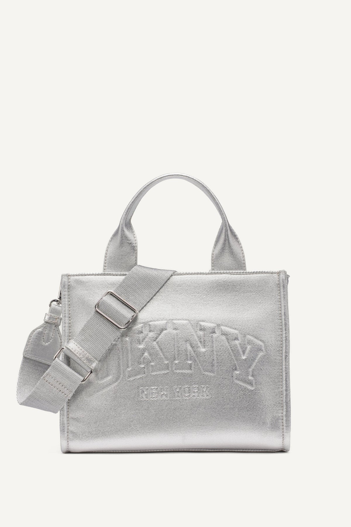 HADLEE SMALL METALLIC LOGO-EMBOSSED TOTE SILVER | DKNY