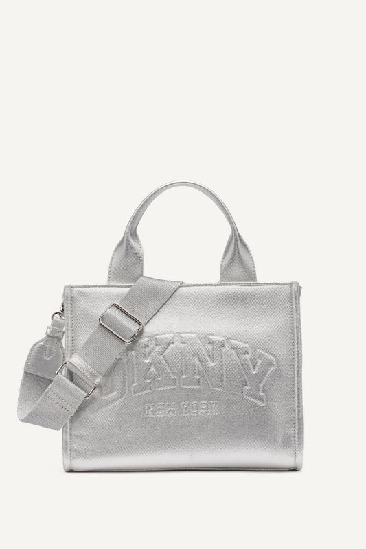 HADLEE SMALL METALLIC LOGO-EMBOSSED TOTE SILVER | DKNY