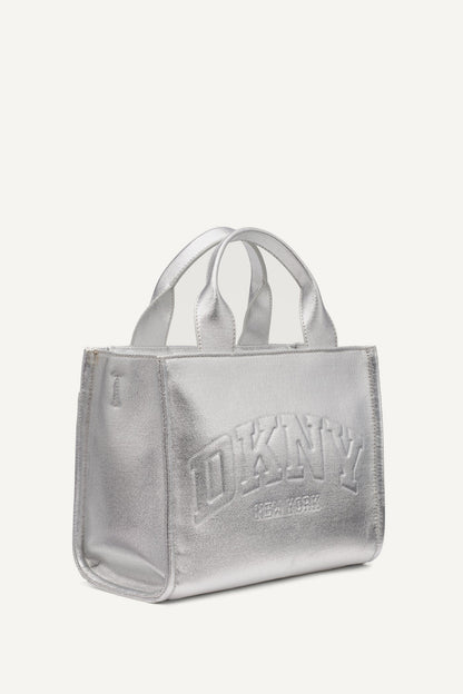 HADLEE SMALL METALLIC LOGO-EMBOSSED TOTE SILVER | DKNY