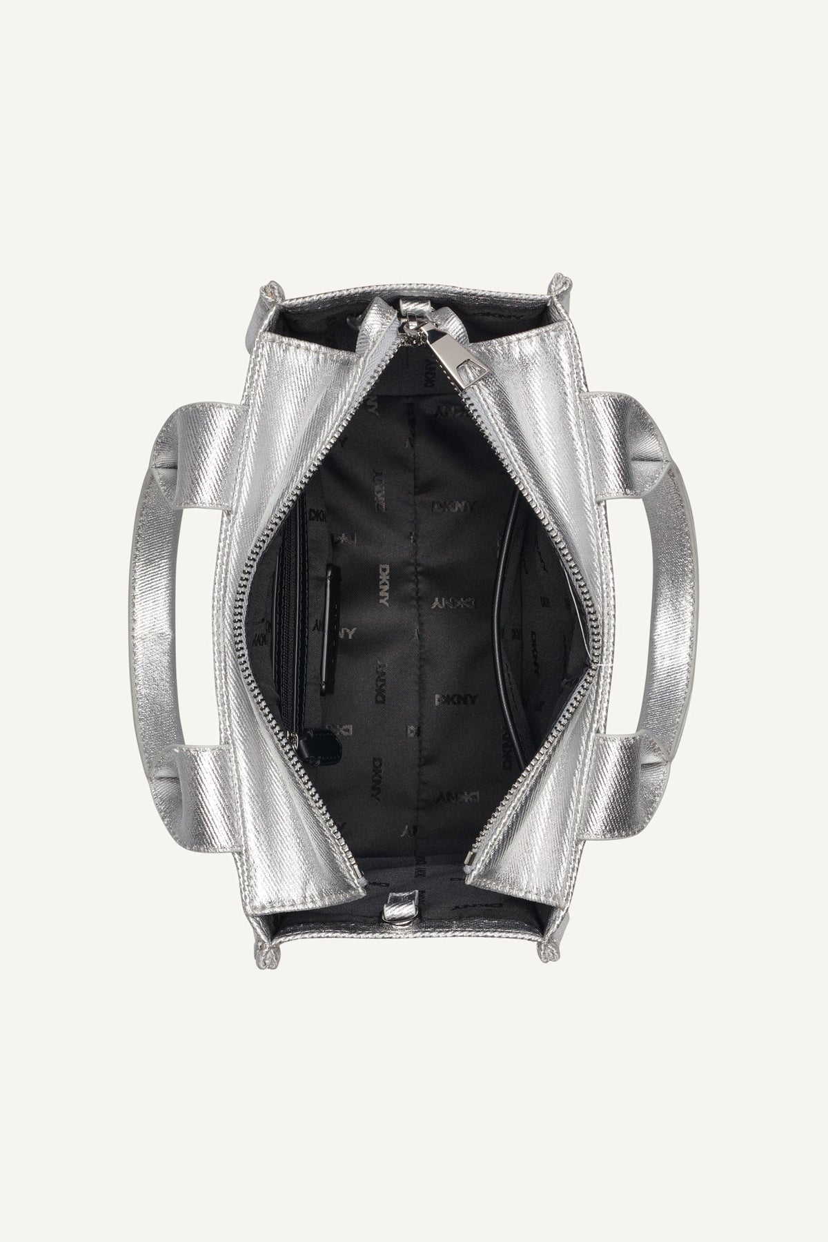 HADLEE SMALL METALLIC LOGO-EMBOSSED TOTE SILVER | DKNY