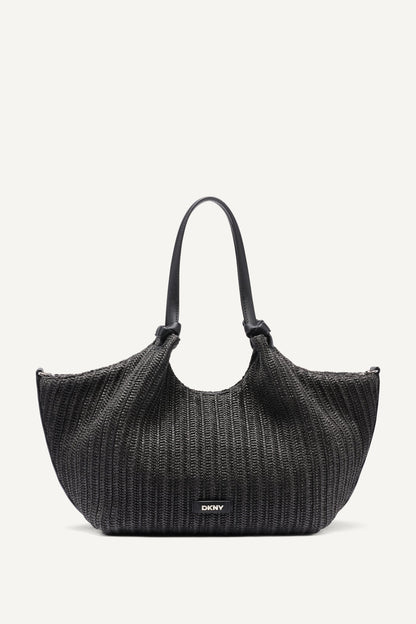 PAULA CROCHET RAFFIA MEDIUM COMMUTER TOTE Black/Silver | DKNY