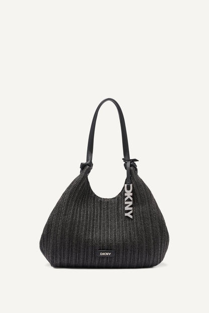 PAULA CROCHET RAFFIA MEDIUM COMMUTER TOTE Black/Silver | DKNY