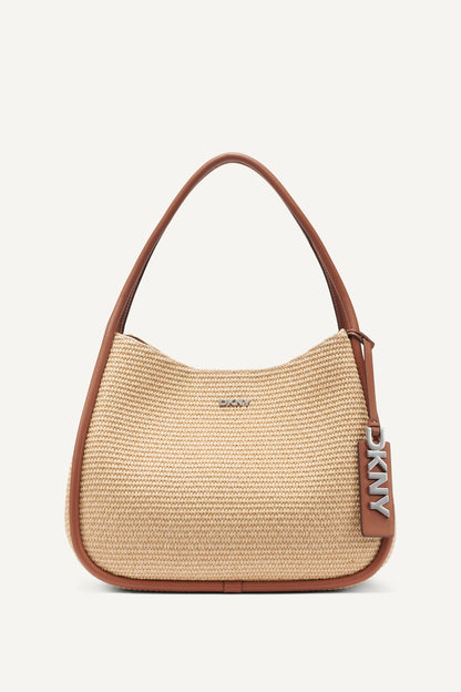 CAPRI WOVEN STRAW LARGE HOBO BAG Natural/Saddle | DKNY