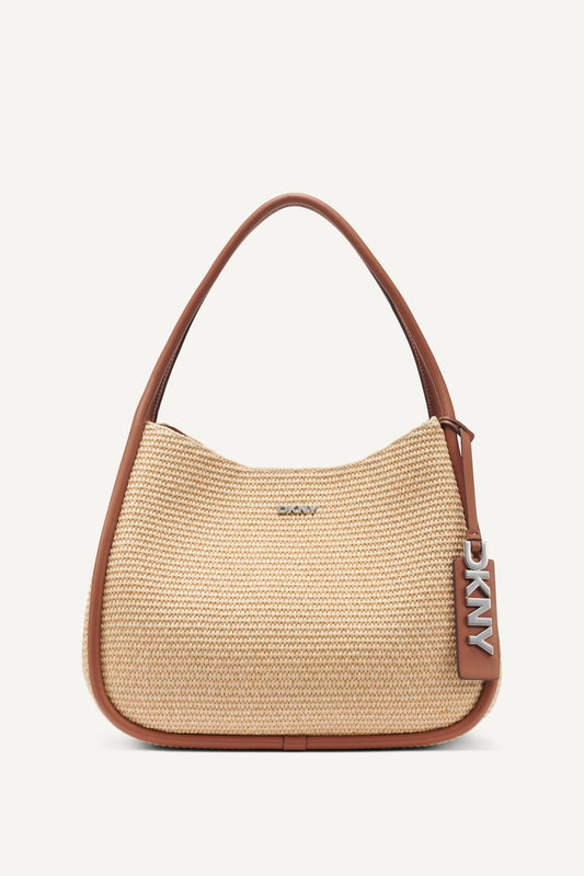 CAPRI WOVEN STRAW LARGE HOBO BAG Natural/Saddle | DKNY