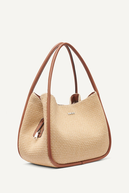 CAPRI WOVEN STRAW LARGE HOBO BAG Natural/Saddle | DKNY