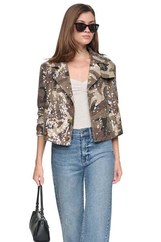 SEQUIN DOUBLE BREASTED TRENCH COAT Covert Camo Taupe | DKNY