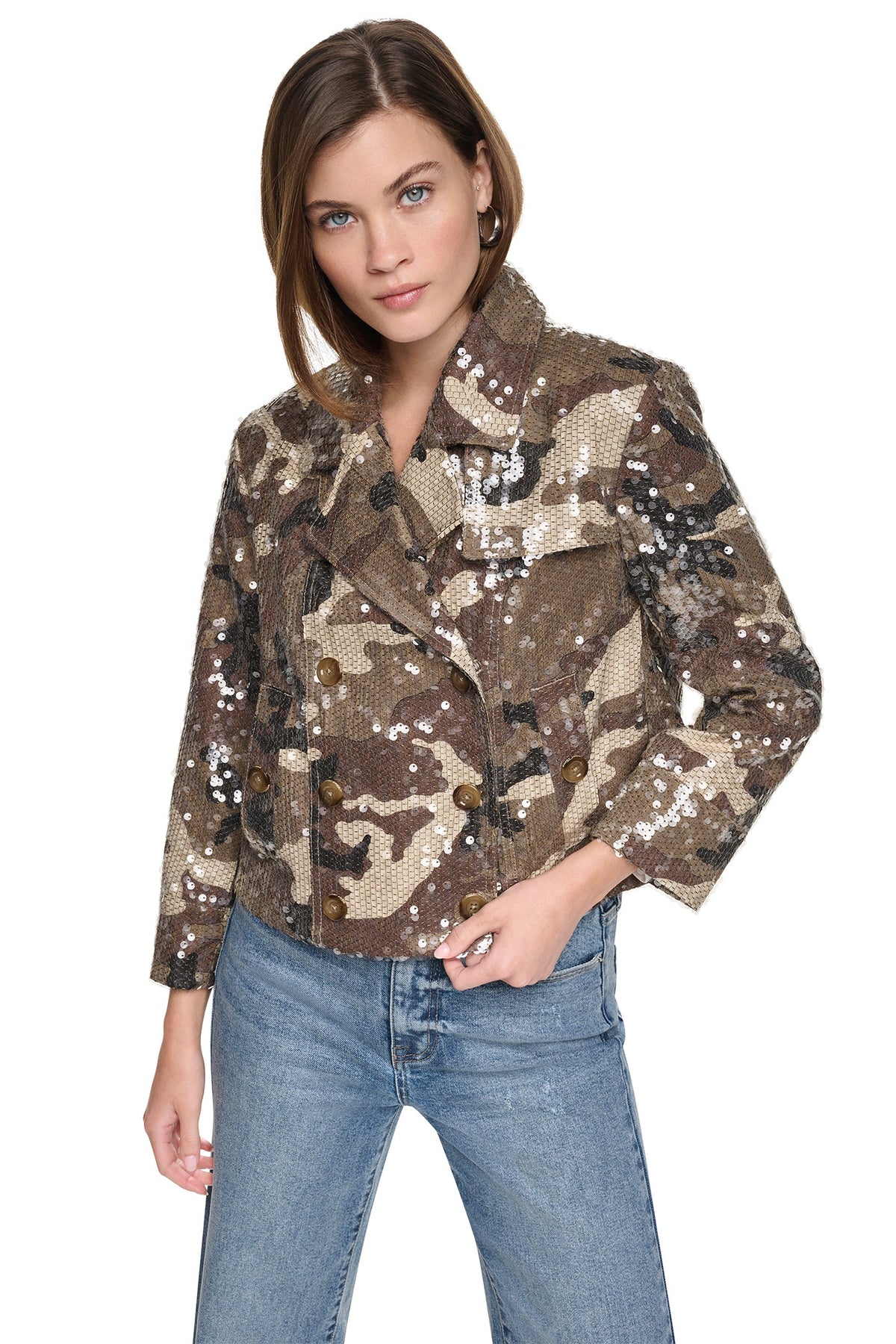 SEQUIN DOUBLE BREASTED TRENCH COAT Covert Camo Taupe | DKNY