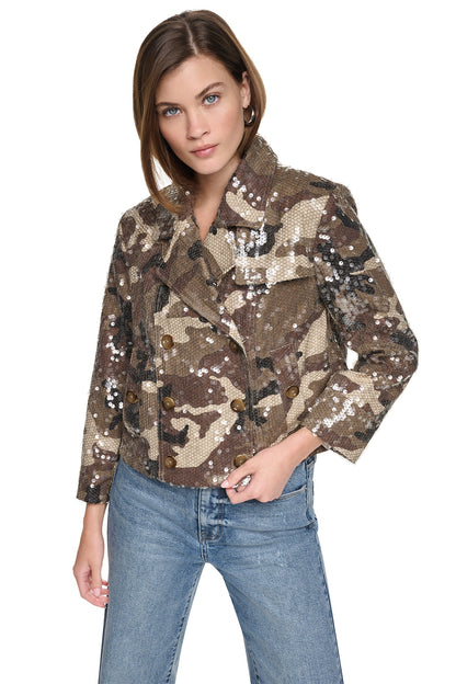 SEQUIN DOUBLE BREASTED TRENCH COAT Covert Camo Taupe | DKNY