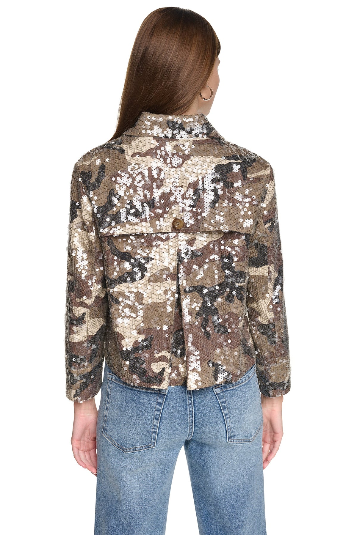 SEQUIN DOUBLE BREASTED TRENCH COAT Covert Camo Taupe | DKNY