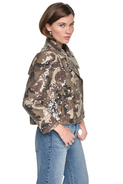 SEQUIN DOUBLE BREASTED TRENCH COAT Covert Camo Taupe | DKNY