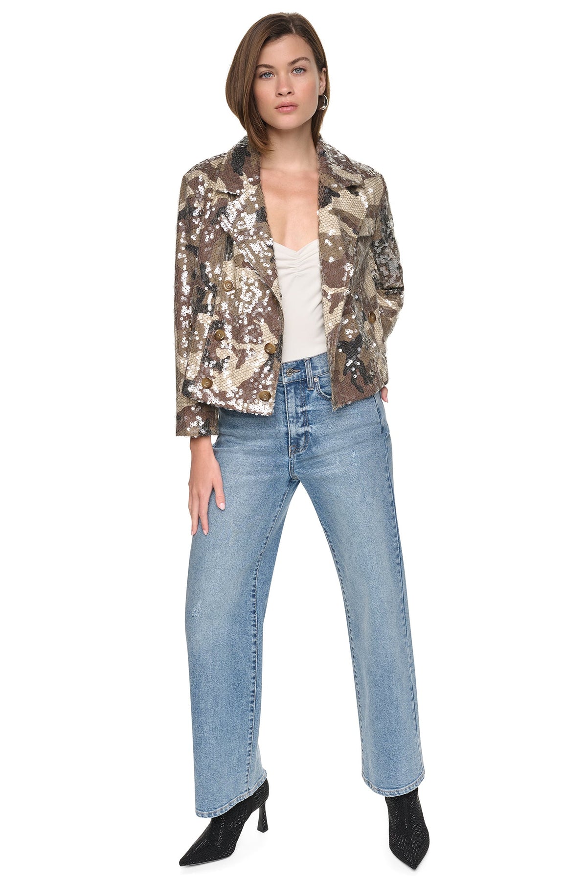 SEQUIN DOUBLE BREASTED TRENCH COAT Covert Camo Taupe | DKNY