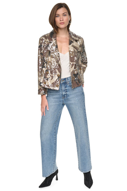 SEQUIN DOUBLE BREASTED TRENCH COAT Covert Camo Taupe | DKNY