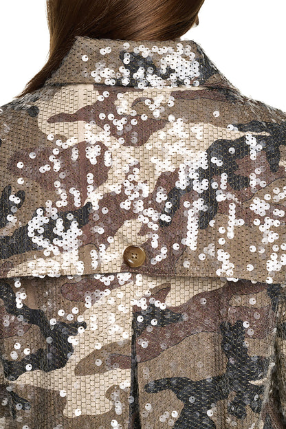 SEQUIN DOUBLE BREASTED TRENCH COAT Covert Camo Taupe | DKNY