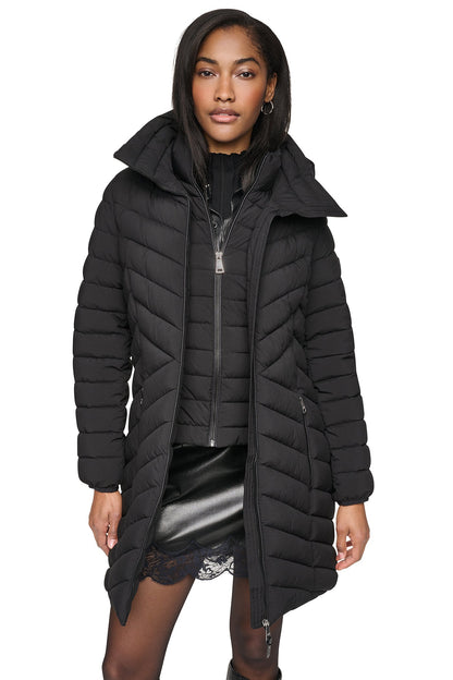HOODED STAND COLLAR PUFFER Black | DKNY