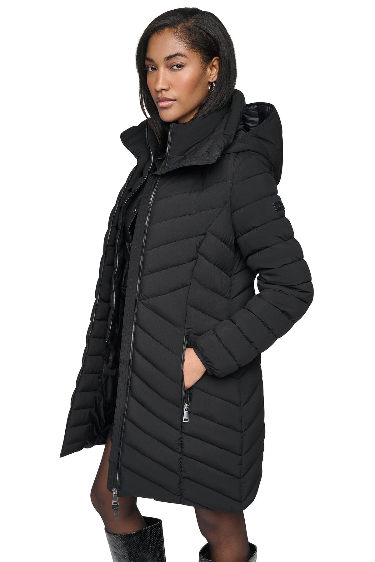HOODED STAND COLLAR PUFFER Black | DKNY