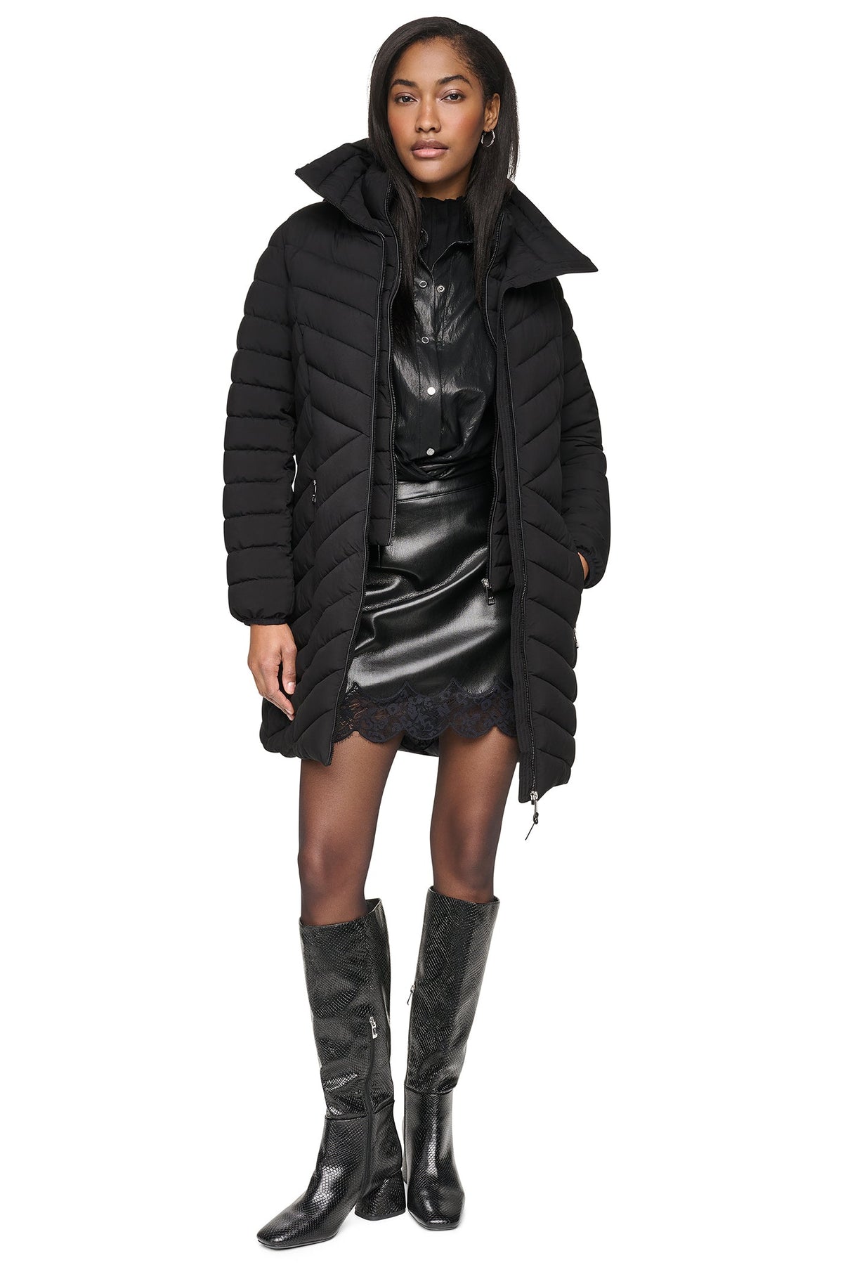 HOODED STAND COLLAR PUFFER Black | DKNY