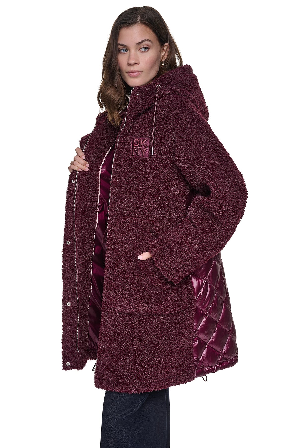 SHERPA MIXED MEDIA HOODED JACKET Claret | DKNY