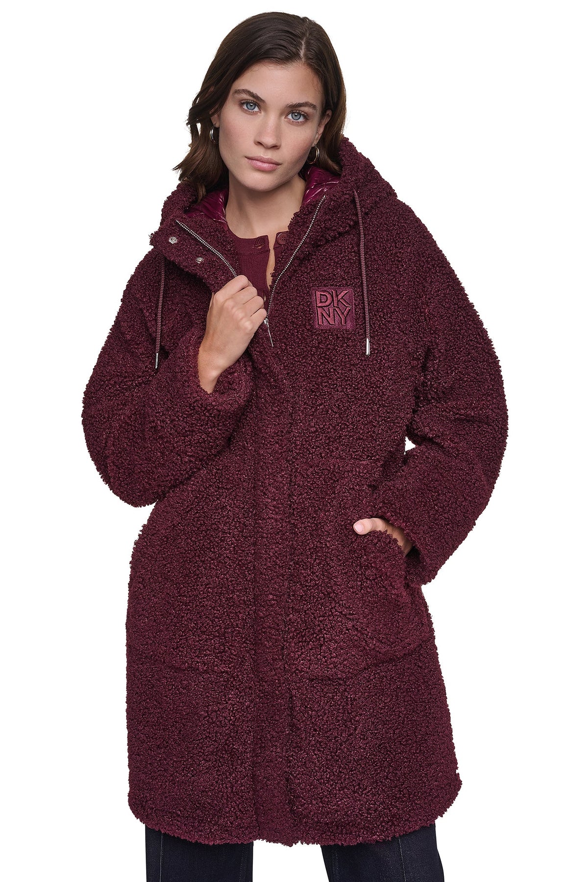 SHERPA MIXED MEDIA HOODED JACKET Claret | DKNY