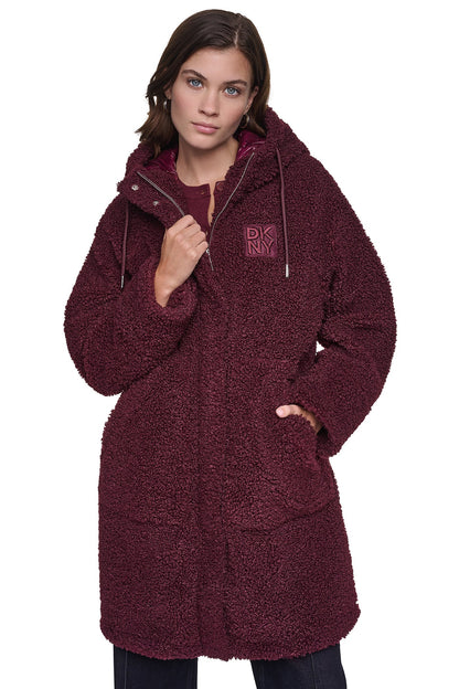SHERPA MIXED MEDIA HOODED JACKET Claret | DKNY