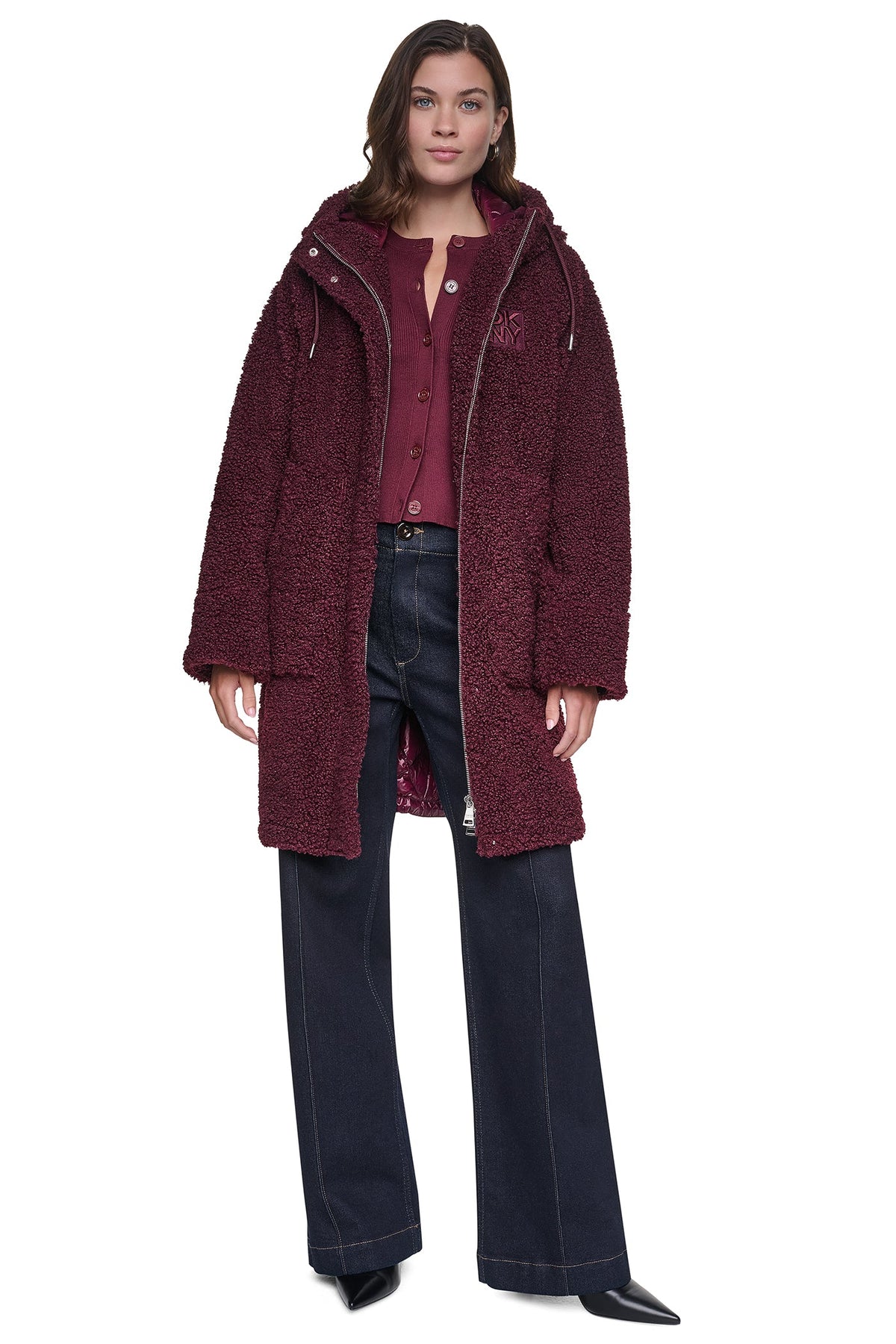 SHERPA MIXED MEDIA HOODED JACKET Claret | DKNY