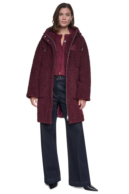 SHERPA MIXED MEDIA HOODED JACKET Claret | DKNY