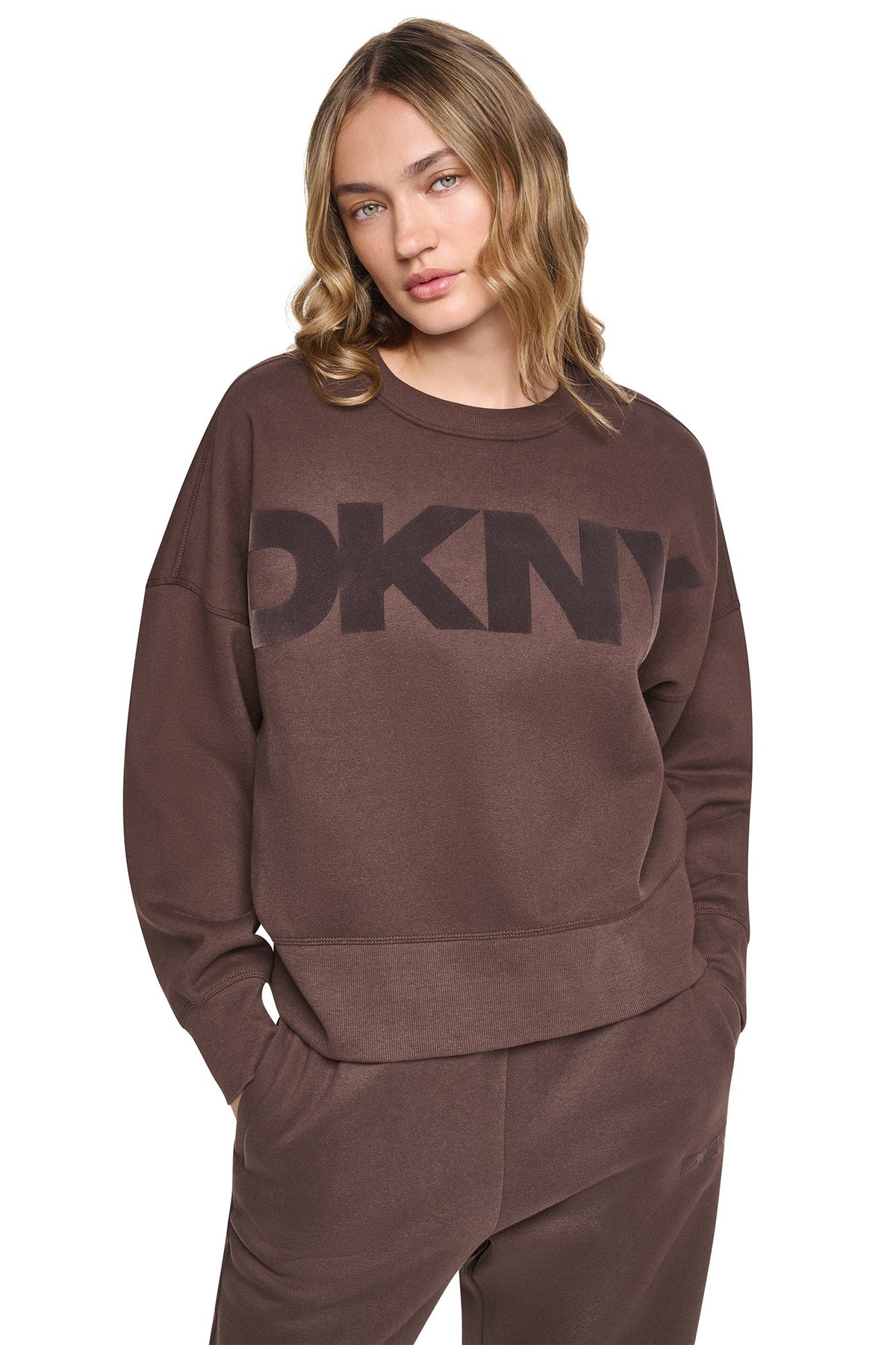 FLOCKED VARSITY LOGO SWEATSHIRT Pearl Grey Heather/Peacoat | DKNY