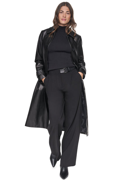 FAUX LEATHER BELTED LONG TRENCH Stone | DKNY
