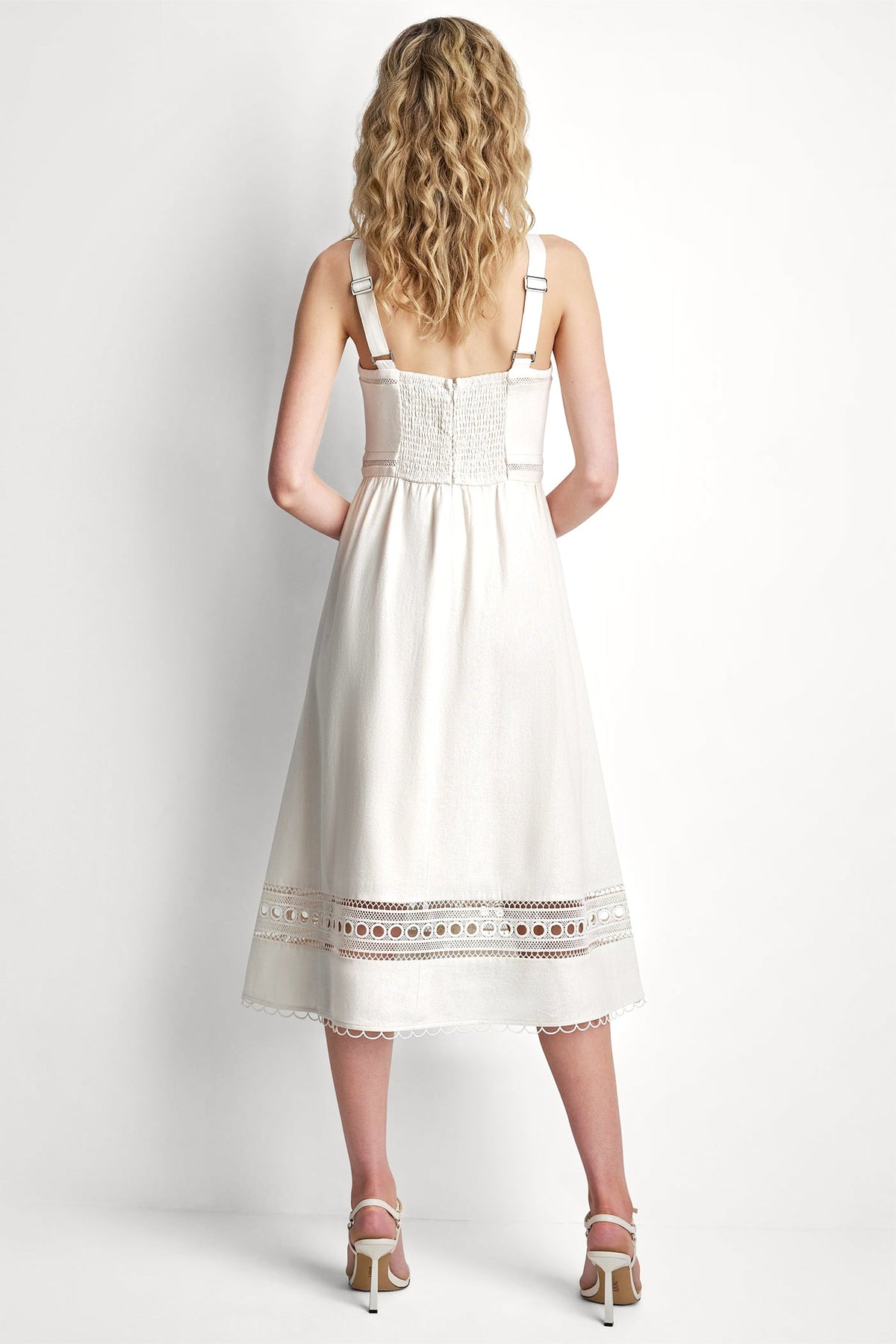 LINEN-BLEND LACE-TRIMMED MIDI DRESS Coconut | DKNY