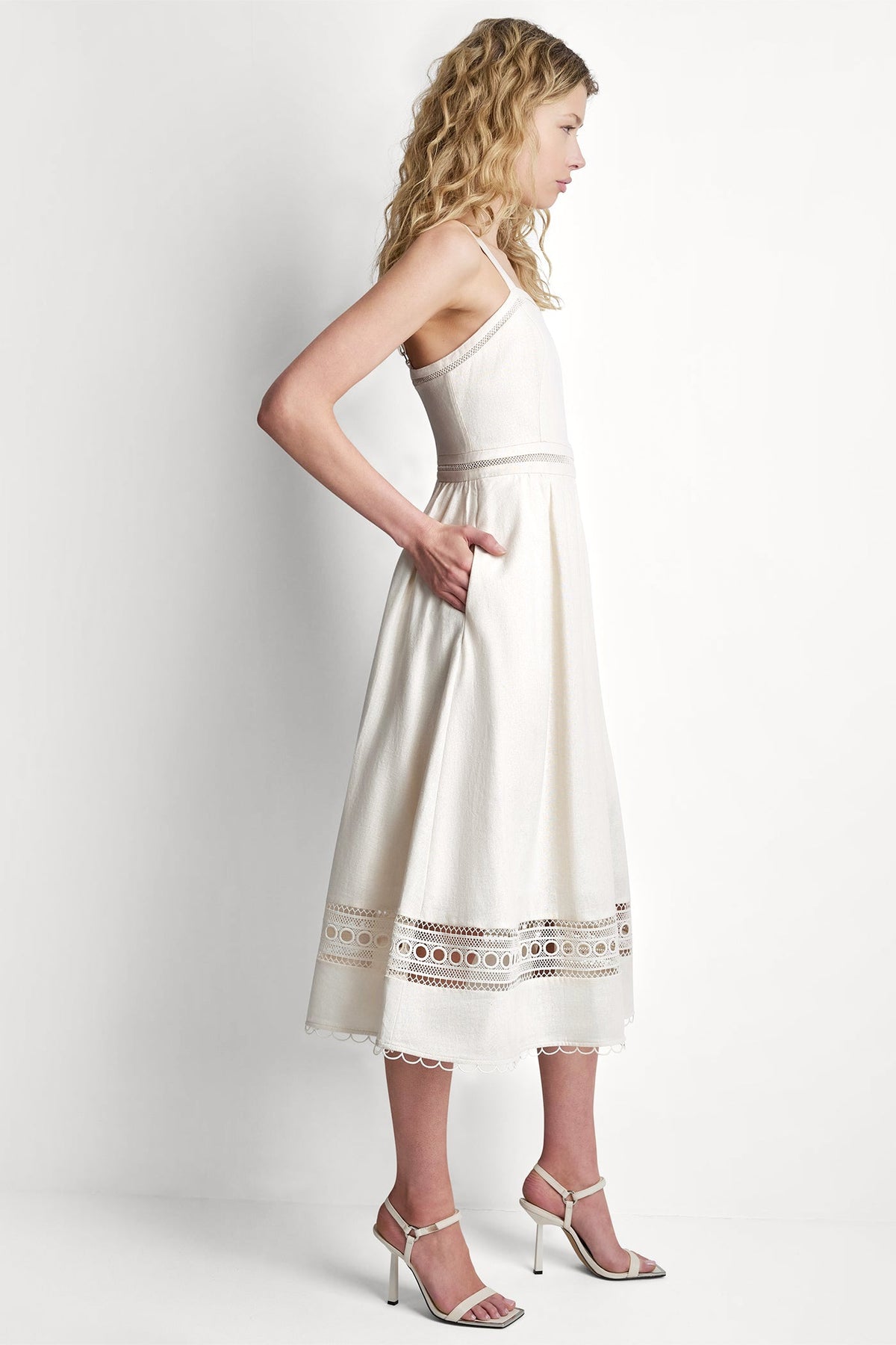 LINEN-BLEND LACE-TRIMMED MIDI DRESS Coconut | DKNY