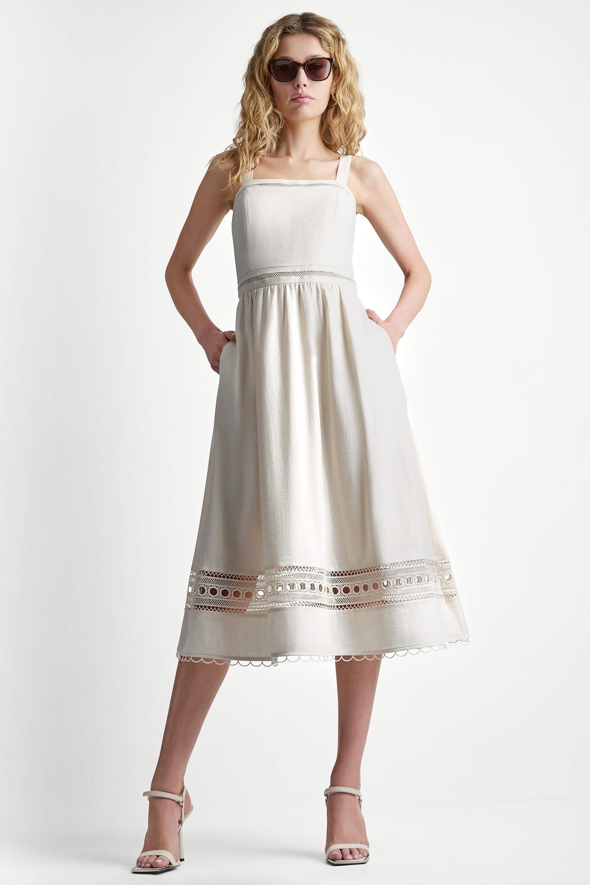 LINEN-BLEND LACE-TRIMMED MIDI DRESS Coconut | DKNY