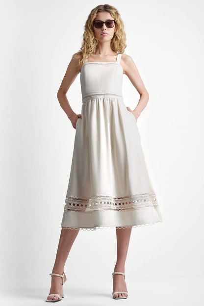 LINEN-BLEND LACE-TRIMMED MIDI DRESS Coconut | DKNY
