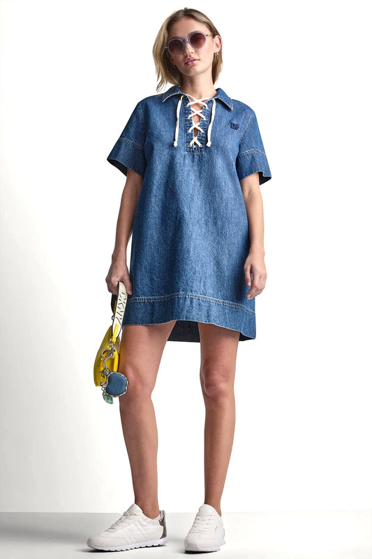 LACE UP DENIM SHIFT DRESS Rustic Indigo | DKNY