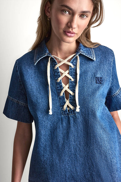 LACE UP DENIM SHIFT DRESS Rustic Indigo | DKNY
