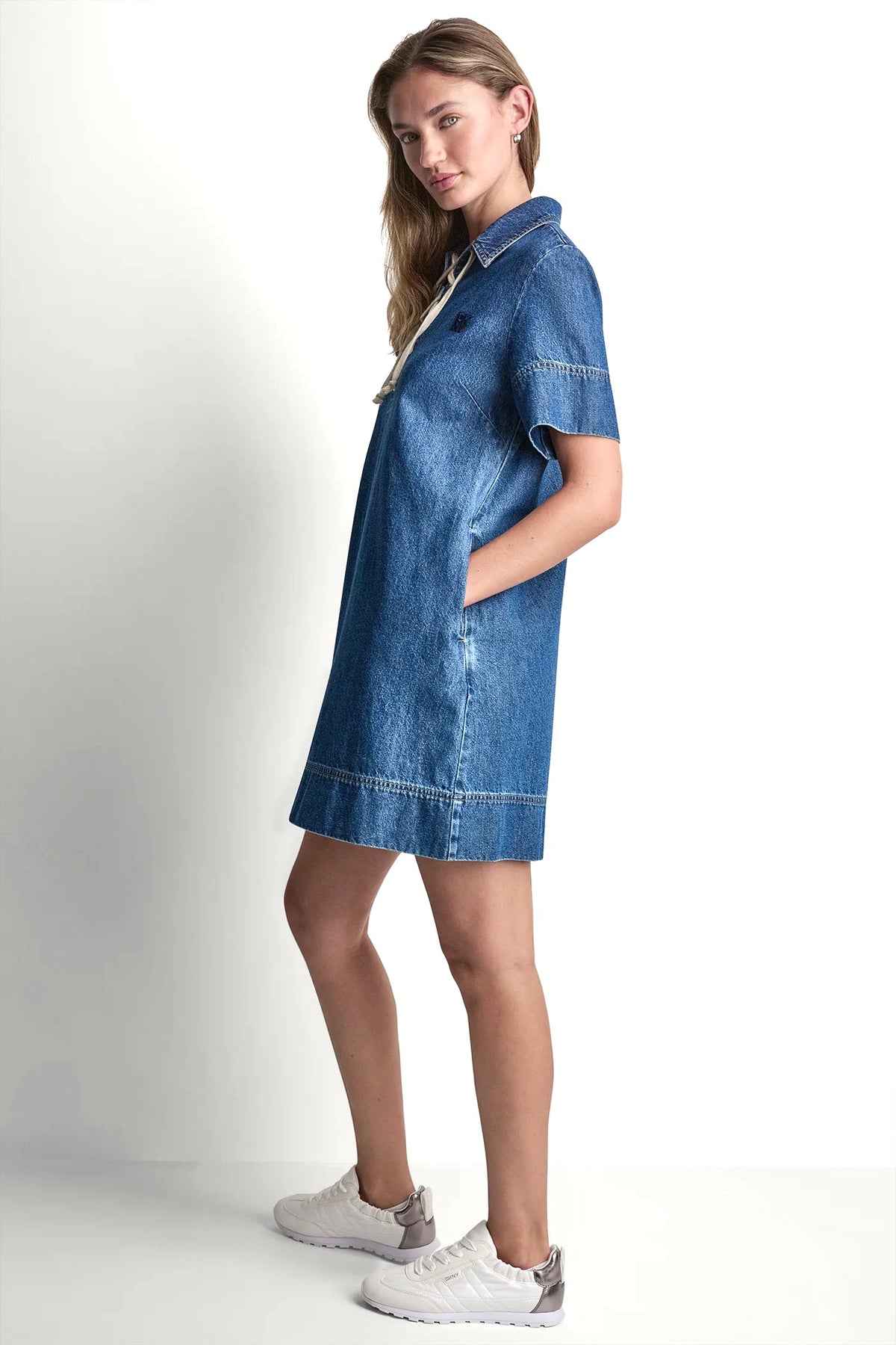 LACE UP DENIM SHIFT DRESS Rustic Indigo | DKNY
