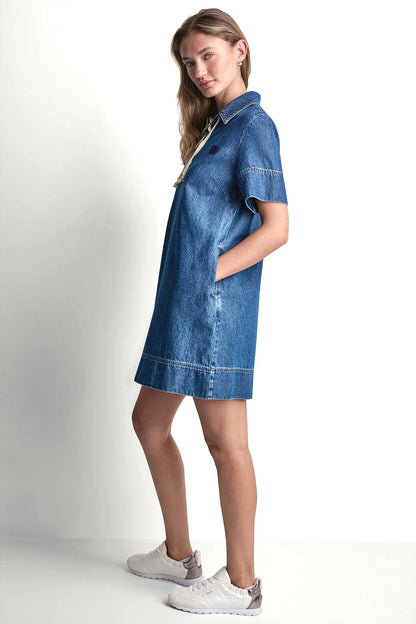 LACE UP DENIM SHIFT DRESS Rustic Indigo | DKNY
