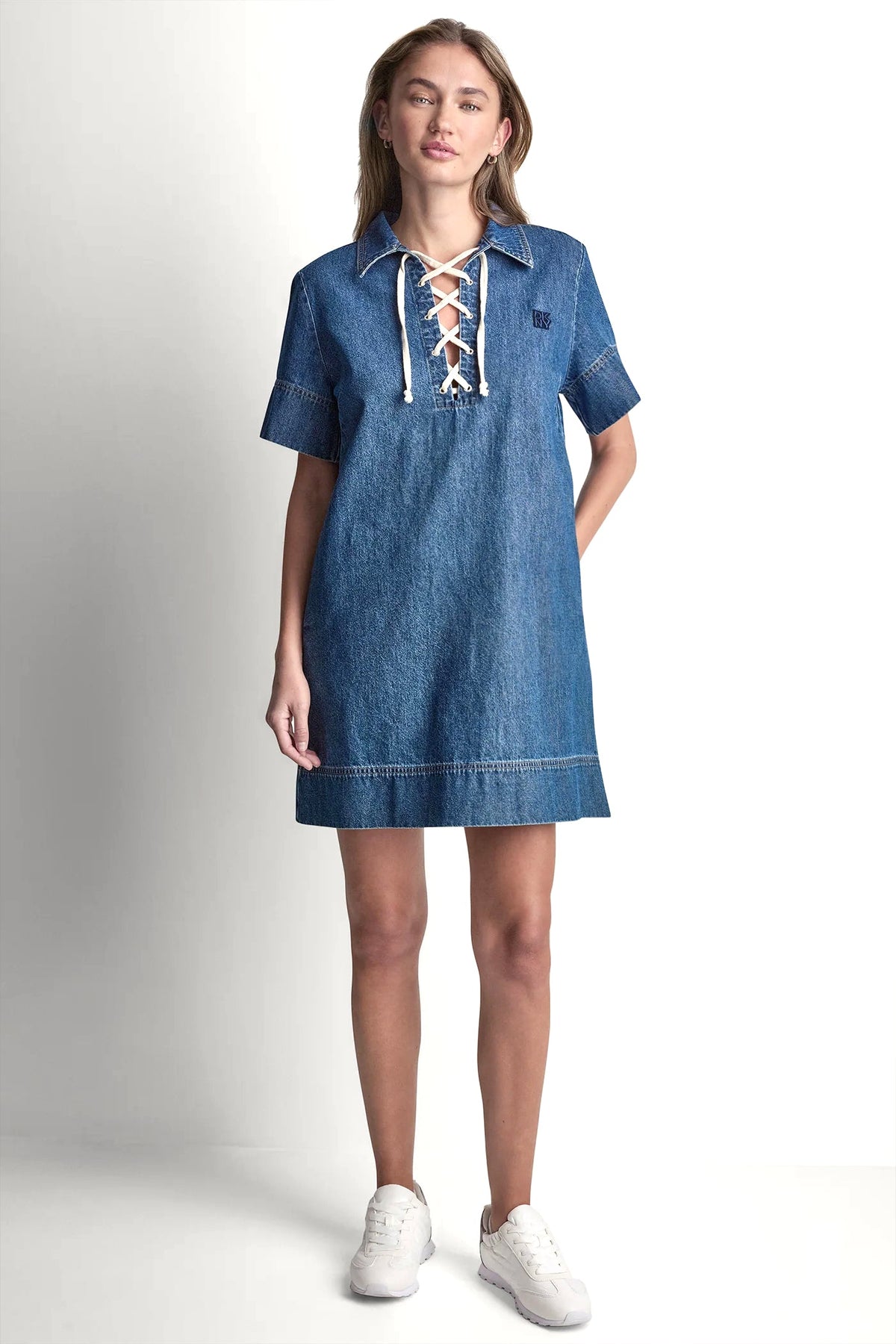 LACE UP DENIM SHIFT DRESS Rustic Indigo | DKNY
